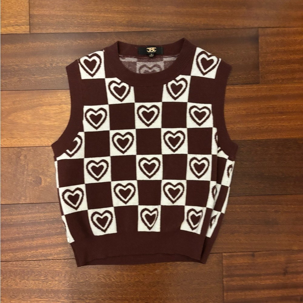 Brown and White Checkered Sleeveless Sweater